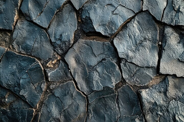 Fototapeta premium Dark, cracked stone surface; textured, rugged, geological formation.