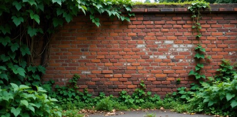 Weathered brick wall surrounded by overgrown vegetation and vines, nature, rustic