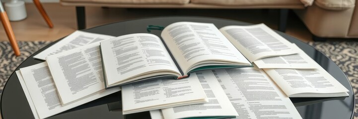 Obraz premium Freshly opened fresh diary pages scattered across a modern coffee table, diary, paper explosion