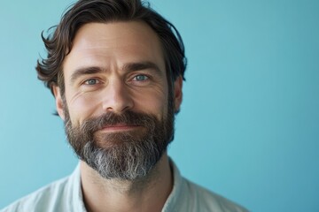 Obraz premium Confident Man with Beard Smiling Against a Soft Blue Background