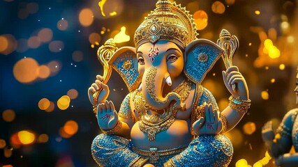 vibrant depiction Lord Ganesha set illuminated backdrop,shimmering lights.Enthralling statue spirited festival setting.Ornate details highlight craftsmanship.atmosphere blends spiritual serenity