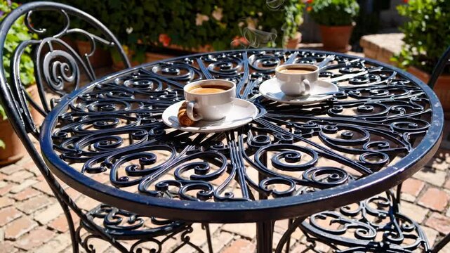 Two Cups of Coffee on Ornate Table in a Garden Setting