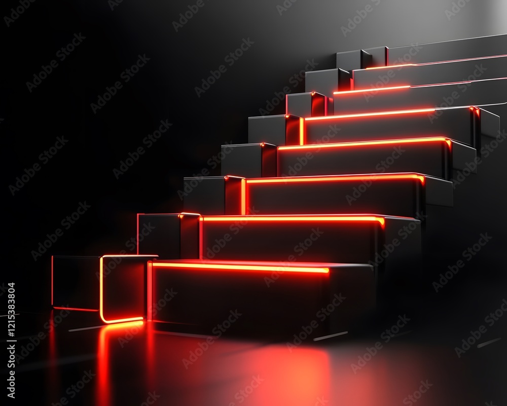 Poster futuristic staircase illuminated with vibrant red lights, creating a stunning visual contrast agains