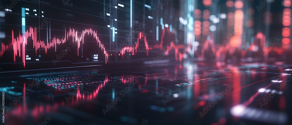 Poster futuristic visualization of data analysis featuring vibrant red and blue graphs, representing comple