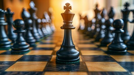 Black chess king positioned strategically against white pawns on a clean white background