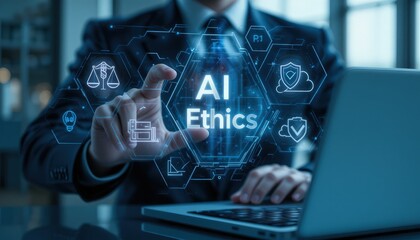 Fototapeta premium AI ethics or AI law concept. Businessman with ai ethics icon on virtual screen for compliance, regulation, standard , business policy and responsibility.