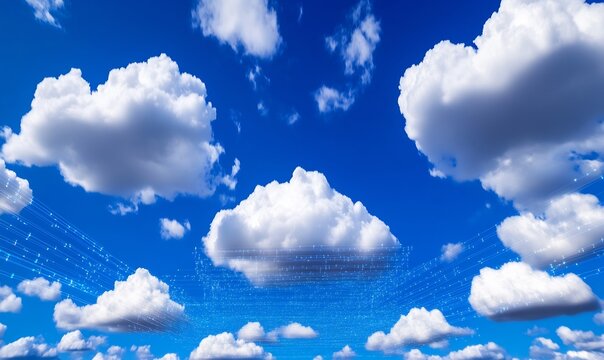 Blue sky, fluffy clouds, digital network, data flow; ideal for technology concepts