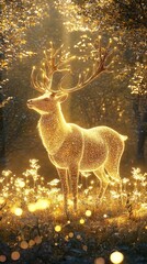 Fototapeta premium majestic golden stag with antlers glowing like rays of sunlight. Its shimmering coat reflects the soft hues of dawn, and its every step brings small glowing flowers to life