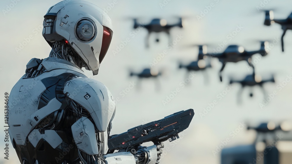 Poster futuristic robot with drones in a cloudy sky, technology and artificial intelligence