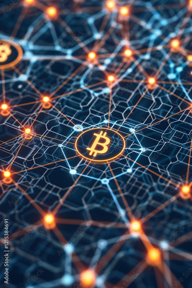 Aufkleber Bitcoin cryptocurrency symbol growing on digital circuit board with glowing nodes