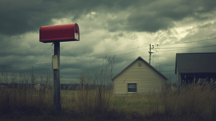 Classic Red Mailbox Perched on a Wooden Post, Eagerly Waiting for Letters, Parcels, and Newspapers, Set Against a Peaceful Suburban Backdrop