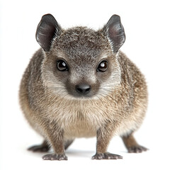 Rock hyrax portrait: Small, furry mammal with large ears and dark eyes.