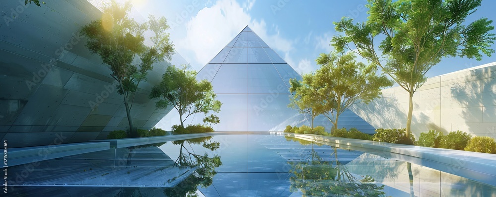 Poster Trees surrounding a modern glass pyramid building reflecting in a water feature