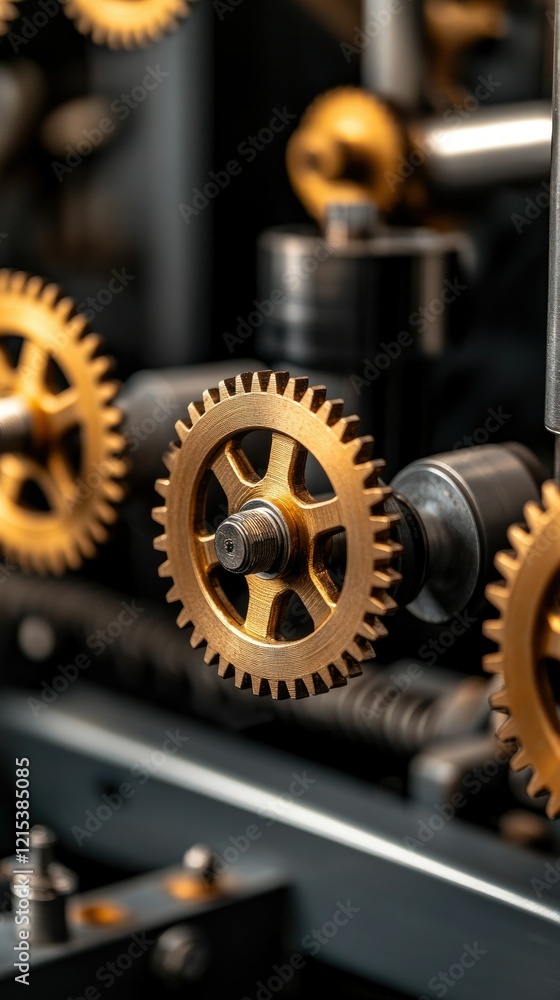 Poster intricate golden gears in mechanical assembly showcase industrial engineering craftsmanship in a fac