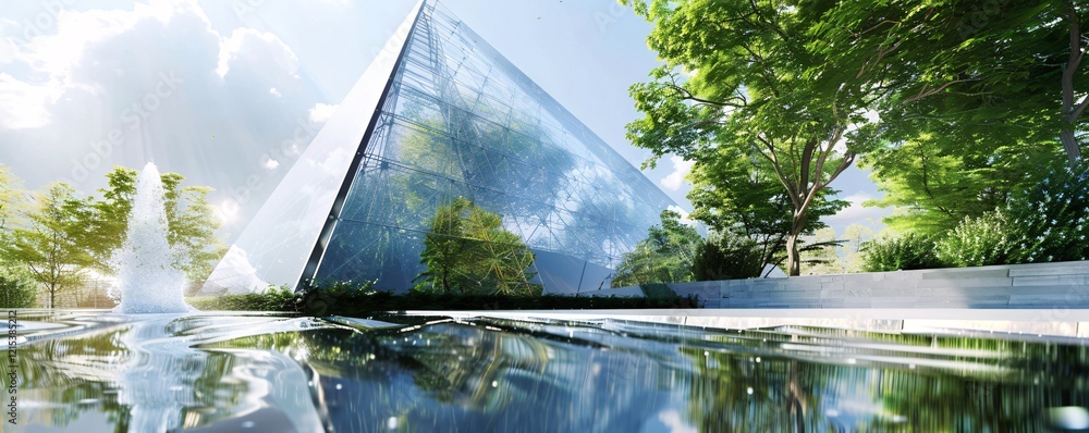 Poster Sustainable office building with a reflective water feature captured from a low angle view