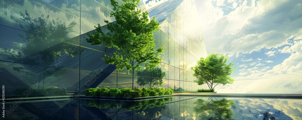 Poster sunlight reflecting off the windows of a modern office building surrounded by lush green trees and w