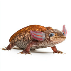Obraz premium Brown axolotl with unique pink gill structures, isolated on white.
