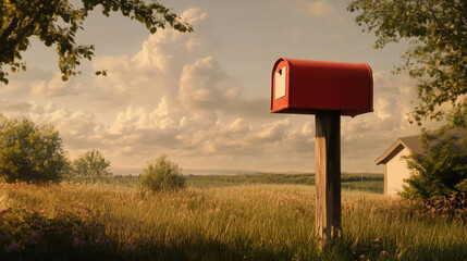 Classic Red Mailbox Perched on a Wooden Post, Eagerly Waiting for Letters, Parcels, and Newspapers, Set Against a Peaceful Suburban Backdrop