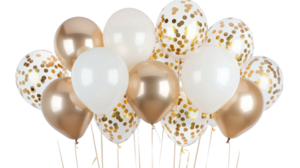 White and gold balloons floating gracefully isolated on a white background