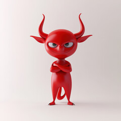 Smirking red devil, arms crossed, cute cartoon imp.