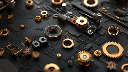 Detailed close-up of intricate metallic gears and circuits on a black surface showcasing the elegance of mechanical engineering