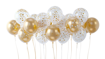 White and gold balloons floating gracefully isolated on a white background