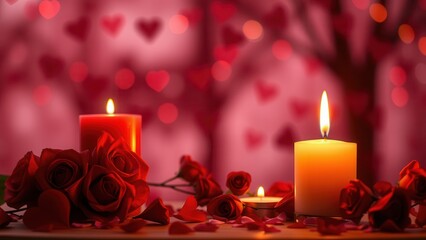 Romantic background with candles and rose petals.