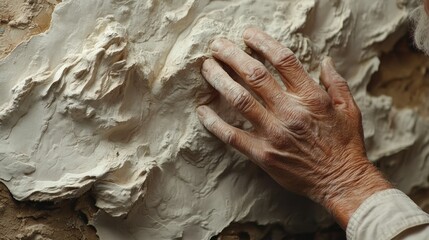 Sculptor's hand refining clay relief, studio