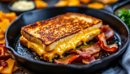 Crispy grilled cheese sandwich with smoky bacon and cheddar on a cast iron skillet