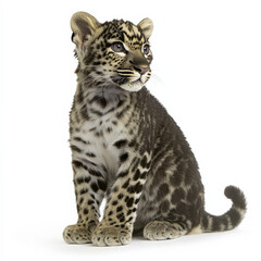 Adorable clouded leopard cub sits, gazing intently.
