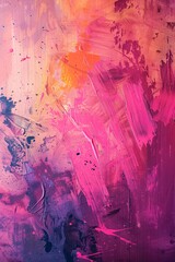 Naklejka premium Abstract background featuring energetic brush strokes and paint splatters in pink orange and purple hues