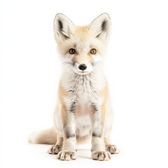 Obraz premium Creamy fox kit sitting, facing camera, isolated on white.