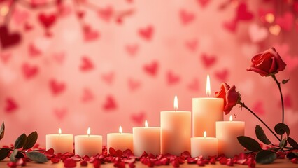 Romantic background with candles and rose petals.