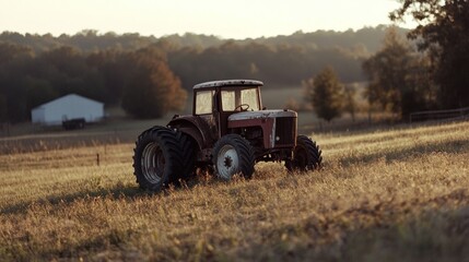 Obraz premium An old tractor rests in a sunlit field of dry grass, surrounded by gentle rolling hills and an expansive countryside horizon.