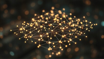A floating grid of glowing, interconnected lines and nodes, representing a neural network, with a blurred gradient background