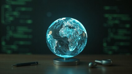 A glowing holographic Earth with data overlays, floating against a softly blurred dark tech background
