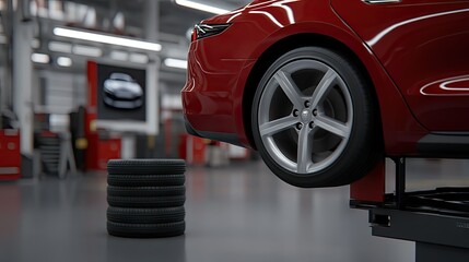 Car maintenance process in an auto repair shop with a red vehicle elevated for tire replacement and nearby stacked tires being prepared