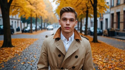 Fototapeta premium Couple enjoys a romantic stroll through a picturesque autumn landscape adorned with vibrant yellow leaves in a charming city street