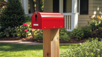 Classic Red Mailbox Perched on a Wooden Post, Eagerly Waiting for Letters, Parcels, and Newspapers, Set Against a Peaceful Suburban Backdrop
