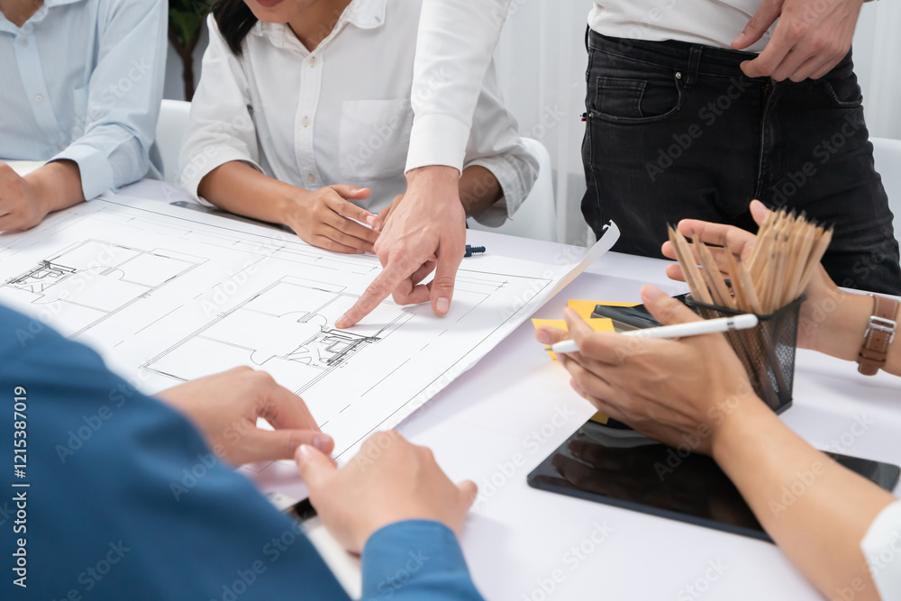 Poster diverse group of civil engineer and client working together on architectural project, reviewing cons