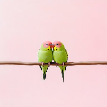 Two colorful parakeets cuddling on branch against soft pink background