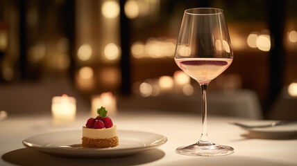デザートとワイングラスがキャンドルライトに照らされた落ち着いたディナーシーン