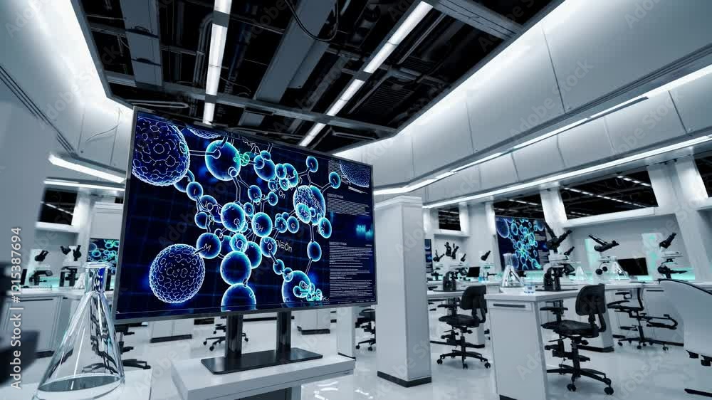 Poster cutting-edge science laboratory with advanced molecular visualization. high-tech research facility s