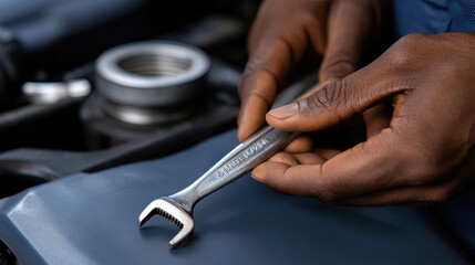 Skilled mechanic fixing an engine with a wrench in a garage during the day, showcasing hands-on automotive maintenance expertise