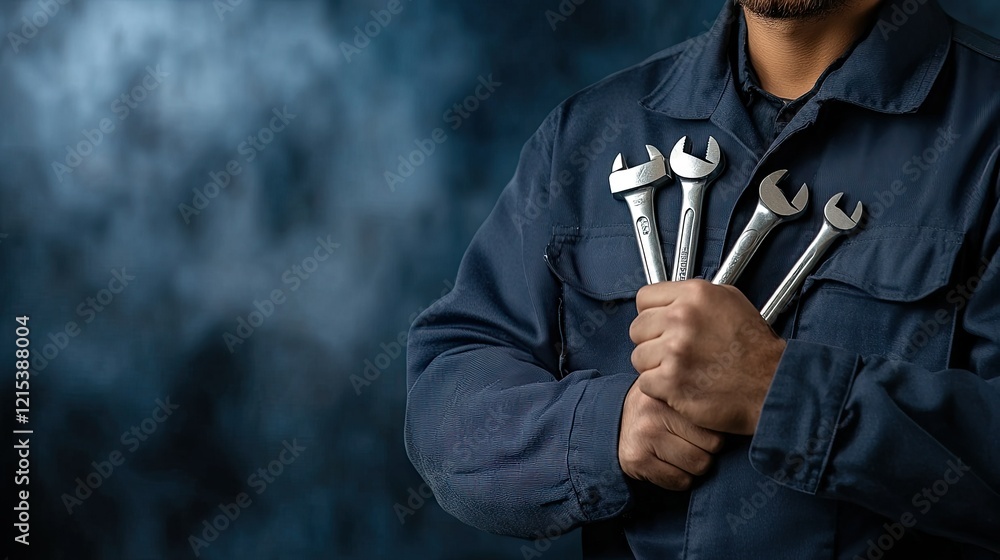 Poster a highly skilled technician is equipped with a variety of wrenches and is dressed in appropriate wor