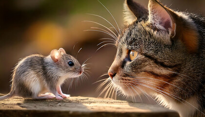 Stunning close-up of a curious cat and mouse facing each other.  Warm lighting enhances the detailed textures of their fur. Perfect for nature, animal, wildlife, pet, or predator-prey themed projects.