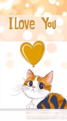 Cute Valentine card in kawaii style. Lovely cat with balloon in heart shape and gift box with Inscription I Love you.