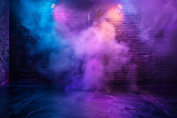 Fototapeta premium Dark room with brick wall, neon lights, smoke and spotlights