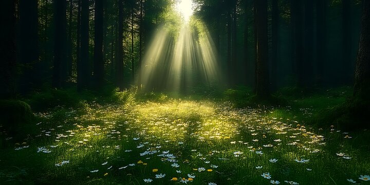 Sunbeams illuminate a floral forest floor.