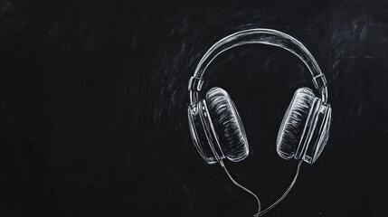 A pair of headphones sketched with white chalk on a black background, minimal yet striking.